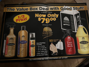 This Value Box Deals includes five essential hair care products in one convenient pack. Enjoy 32oz of Purple ZX, 16oz of Pro Plex, 64oz of Power K-60 Honey & Rice Water, 8oz of Visible Shine and a box of 50 disposable shampoo capes. The perfect set for long-lasting hair care.