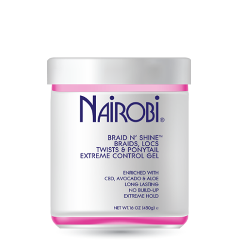 Nairobi Braid and shine gel Braid n' Shine Gel nourishes your scalp, provides deep hydration and promotes healthy hair growth, all while providing extreme control with no flaking.